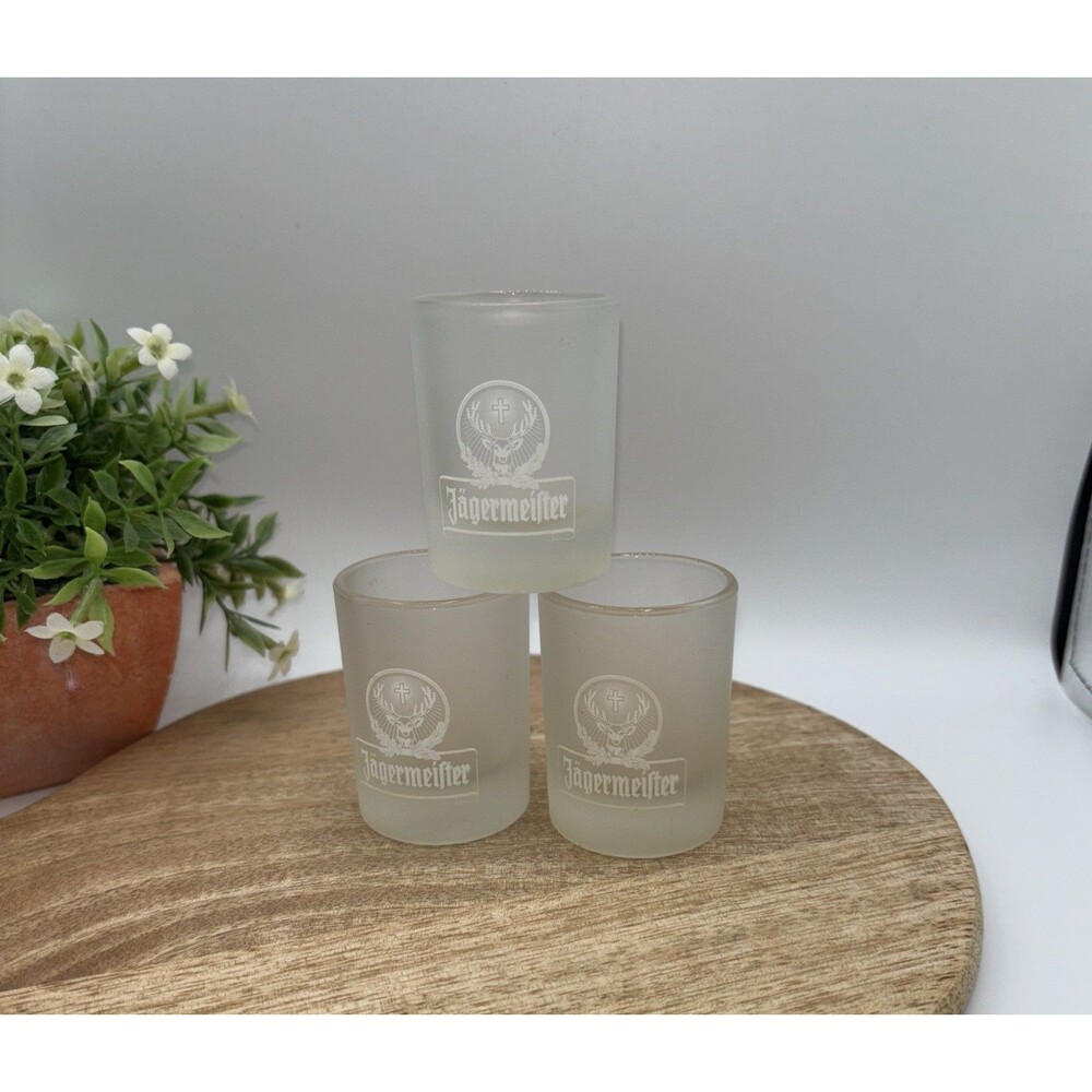Lot of 3 Jagermeister White Frosted Shot Glasses 2 cl Stag on side of glass